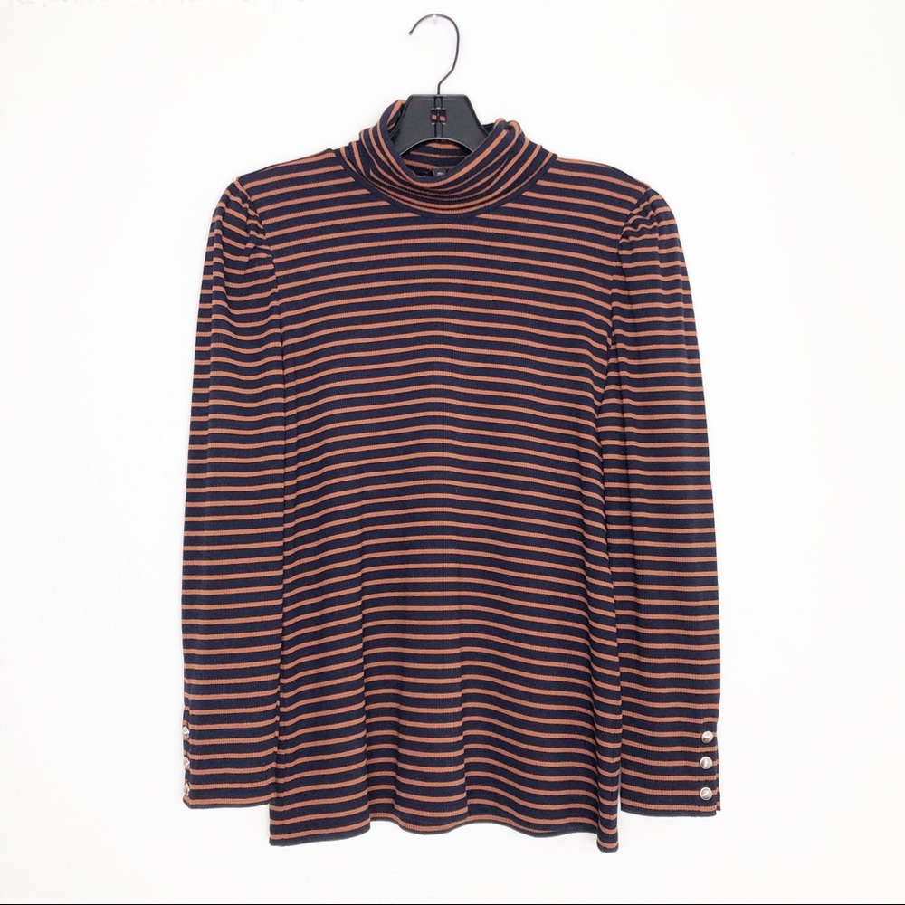 Talbots 2020 Orange & Navy Ribbed Stripe Button Cuff Turtle Neck Size Medium P - Picture 2 of 10